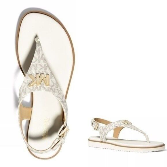 New! MICHAEL KORS Women's MK Logo Jilly T-Strap Sandals Shoes Open-Toe Vanilla 7 - Picture 1 of 9